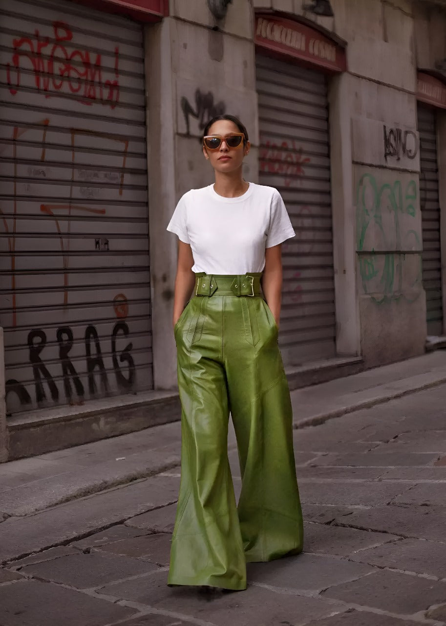 Mélanie | Pantalon Taille Haute Évasé en Cuir Synthétique